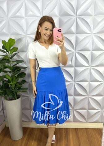 Saia Viscolinho Forrada Três Marias Marisa - Azul - Milla Chic