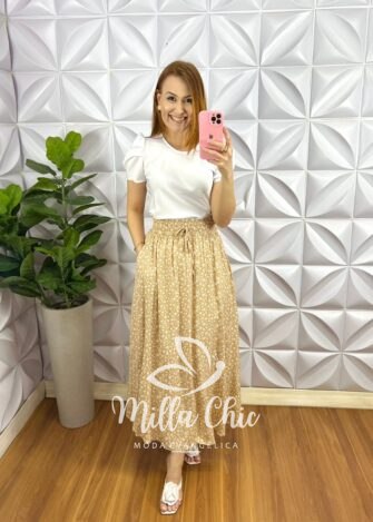Saia Viscose Com Lastex Na Cintura E Fenda Lateral Leticia - Areia - Milla Chic