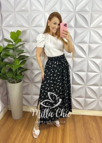 Saia Viscose Com Lastex Na Cintura E Fenda Lateral Leticia - Areia - Milla Chic