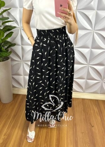 Saia Viscose Com Lastex Na Cintura E Fenda Lateral Leticia - Areia - Milla Chic