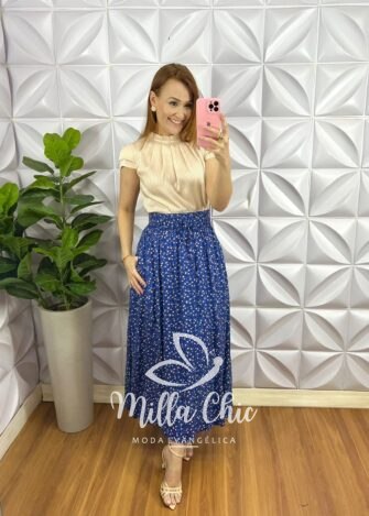 Saia Viscose Com Lastex Na Cintura E Fenda Lateral Leticia - Azul - Milla Chic