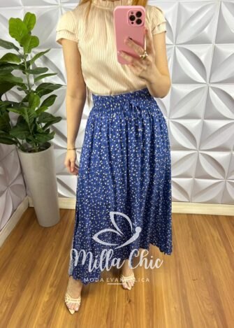 Saia Viscose Com Lastex Na Cintura E Fenda Lateral Leticia - Azul - Milla Chic