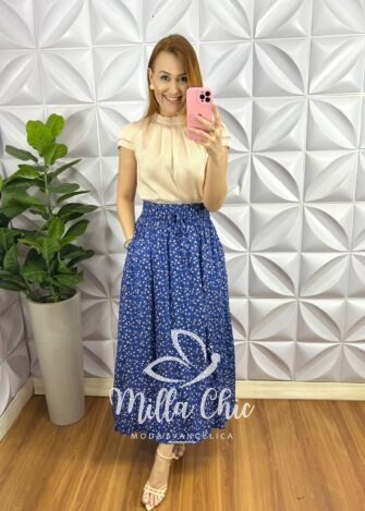 Saia Viscose Com Lastex Na Cintura E Fenda Lateral Leticia - Azul - Milla Chic