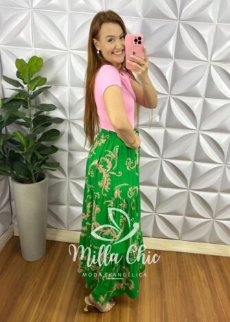 Milla Chic - millachic com br saia viscose com lastex na cintura longa quiteria verde 6 Saia Viscose Com Lastex Na Cintura Longa Quitéria - Verde - Milla Chic