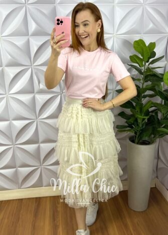 Tshirt De Malha de Algodão Com Frase Silcada Graça - Rosa Balé - Milla Chic