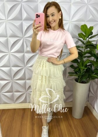 Tshirt De Malha de Algodão Com Frase Silcada Graça - Rosa Balé - Milla Chic