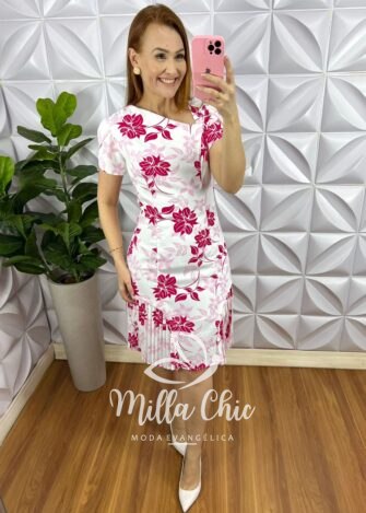 Vestido Alfaiataria Com Barra Plissada Estampado Georgina - Branco Com Rosa - Milla Chic