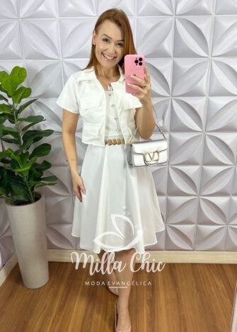 Vestido Alfaiataria Com Casaco Ate o Joelho Beatriz - Branco - Milla Chic