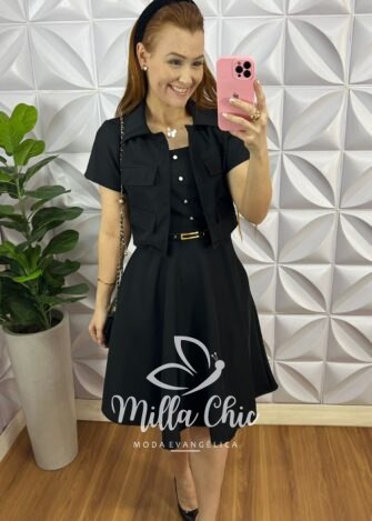 Vestido Alfaiataria Com Casaco Ate o Joelho Beatriz - Preto - Milla Chic