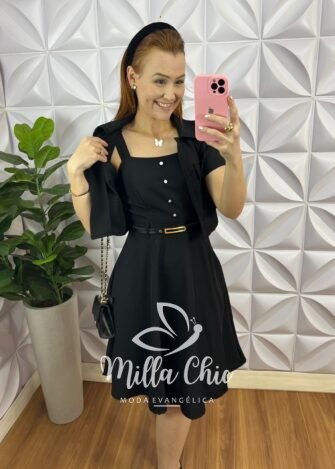 Vestido Alfaiataria Com Casaco Ate o Joelho Beatriz - Preto - Milla Chic