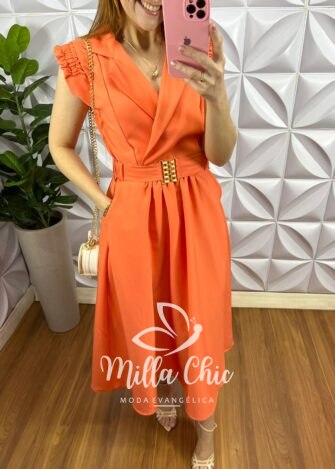 Vestido Alfaiataria Envelope No Busto Cinto Com Fivela Dourada Giza - Salmão - Milla Chic