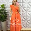 Vestido Alfaiataria Envelope No Busto Cinto Com Fivela Dourada Giza - Salmão - Milla Chic