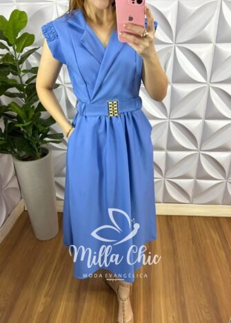 Vestido Alfaiataria Envelope No Busto Cinto Com Fivela Dourada Giza - Azul - Milla Chic