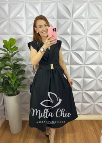 Vestido Alfaiataria Envelope No Busto Cinto Com Fivela Dourada Giza - Preto - Milla Chic