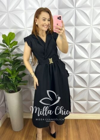 Vestido Alfaiataria Envelope No Busto Cinto Com Fivela Dourada Giza - Preto - Milla Chic