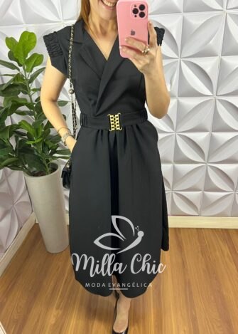 Vestido Alfaiataria Envelope No Busto Cinto Com Fivela Dourada Giza - Preto - Milla Chic