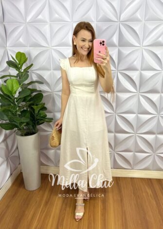 Milla Chic - millachic com br vestido cambraia de linho com bojo manga babadinho aline areia 2 Vestido Cambraia de Linho Com Bojo Manga Babadinho Aline - Areia - Milla Chic