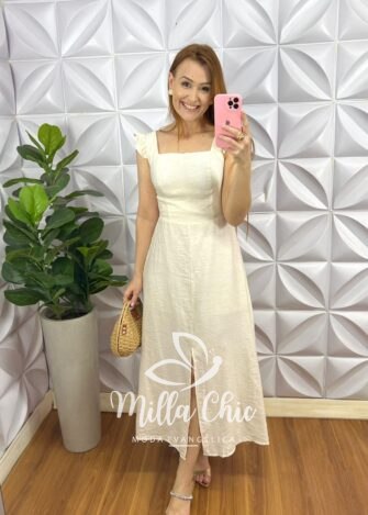 Vestido Cambraia de Linho Com Bojo Manga Babadinho Aline - Areia - Milla Chic