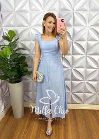 Milla Chic - millachic com br vestido cambraia de linho com bojo manga babadinho aline areia copia Vestido Cambraia de Linho Com Bojo Manga Babadinho Aline - Azul - Milla Chic