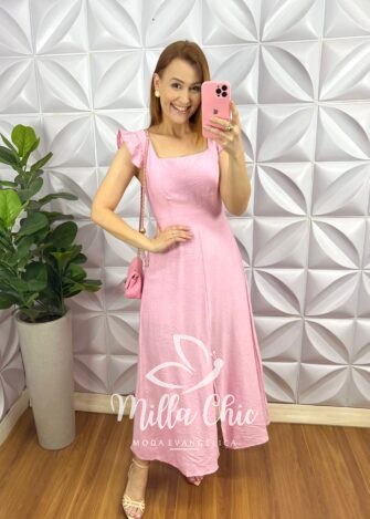 Vestido Cambraia de Linho Com Bojo Manga Babadinho Aline - Rosa Balé - Milla Chic