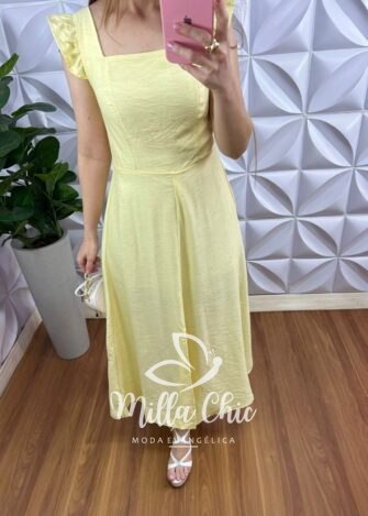 Vestido Cambraia de Linho Com Bojo Manga Babadinho Aline - Manteiga - Milla Chic