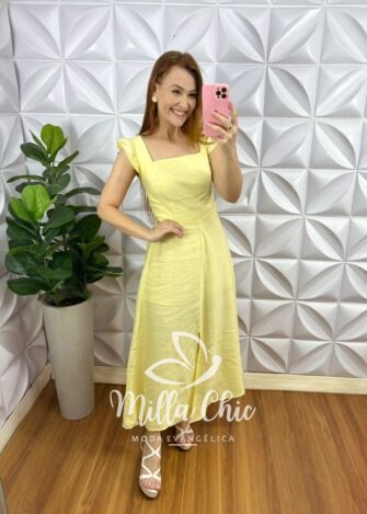Vestido Cambraia de Linho Com Bojo Manga Babadinho Aline - Manteiga - Milla Chic