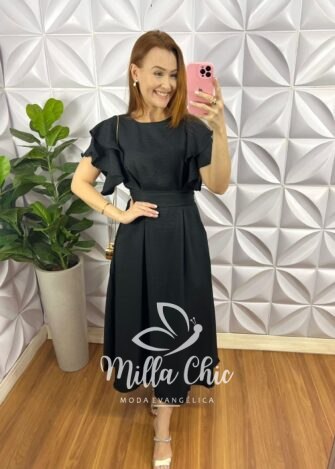 Vestido Cambraia de Linho Manga Babadinho Dupla Mídi Catarina - Preto - Milla Chic