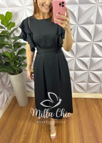 Vestido Cambraia de Linho Manga Babadinho Dupla Mídi Catarina - Preto - Milla Chic