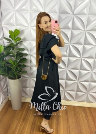 Vestido Cambraia de Linho Manga Babadinho Dupla Mídi Catarina - Preto - Milla Chic
