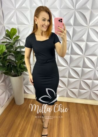 Vestido Canelado Ribanna Com Faixa Cinto Jenifer - Preto - Milla Chic