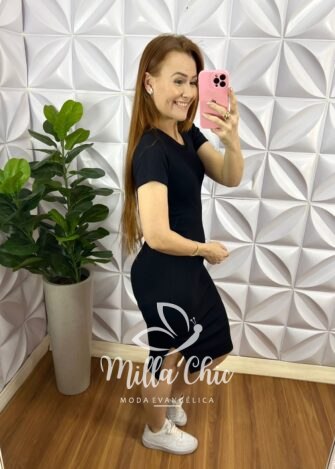 Vestido Canelado Ribanna Curto Candy Color fenda lateral Maria - Preto - Milla Chic