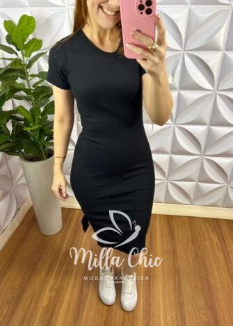Vestido Canelado Ribanna Curto Candy Color fenda lateral Maria - Preto - Milla Chic