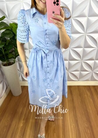 Vestido Chemise Leise 100% Algodão Mídi Com Forro Avulso Yasmin - Baby Blue - Milla Chic