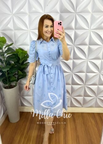 Vestido Chemise Leise 100% Algodão Mídi Com Forro Avulso Yasmin - Baby Blue - Milla Chic