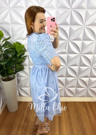 Vestido Chemise Leise 100% Algodão Mídi Com Forro Avulso Yasmin - Baby Blue - Milla Chic