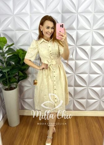 Vestido Chemise Leise 100% Algodão Mídi Com Forro Avulso Yasmin - Manteiga - Milla Chic