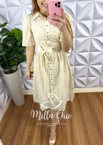 Vestido Chemise Leise 100% Algodão Mídi Com Forro Avulso Yasmin - Manteiga - Milla Chic