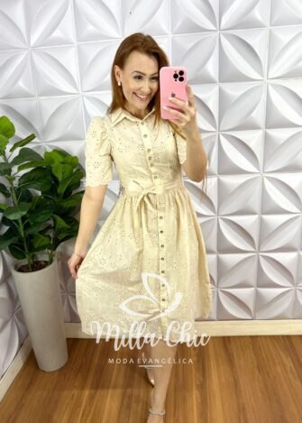 Vestido Chemise Leise 100% Algodão Mídi Com Forro Avulso Yasmin - Manteiga - Milla Chic