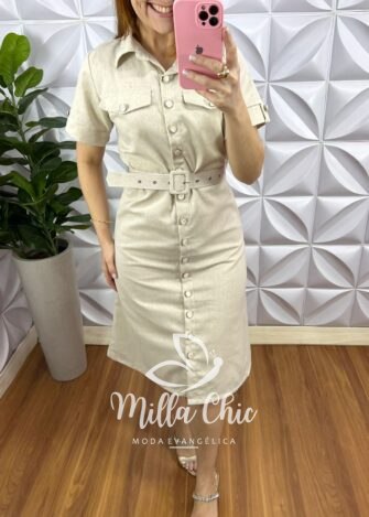 Vestido Chemise Linho Natural Botões Madrepérola Tania - Areia - Milla Chic
