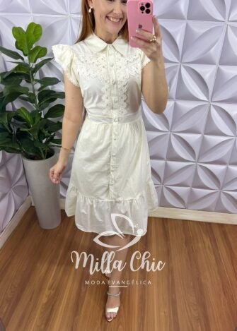 Vestido Chemise No Tricoline Com Bordados De Guipper Muriele - Amarelo Manteiga - Milla Chic