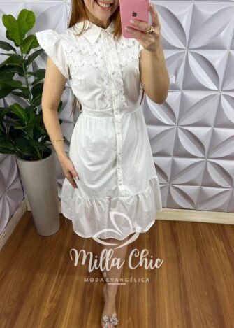 Vestido Chemise No Tricoline Com Bordados De Guipper Muriele - Branco - Milla Chic