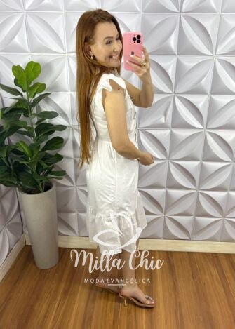 Vestido Chemise No Tricoline Com Bordados De Guipper Muriele - Branco - Milla Chic