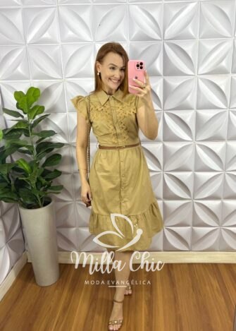 Vestido Chemise No Tricoline Com Bordados De Guipper Muriele - Capuchino - Milla Chic