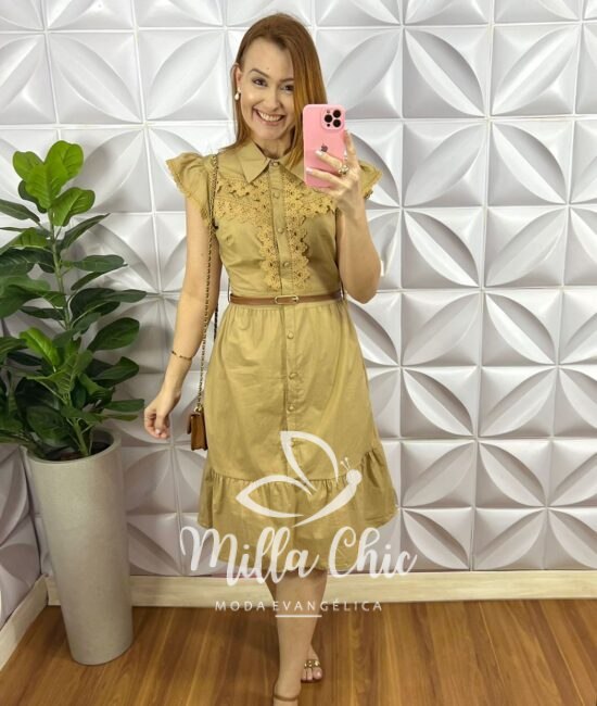 Vestido Chemise No Tricoline Com Bordados De Guipper Muriele - Capuchino - Milla Chic