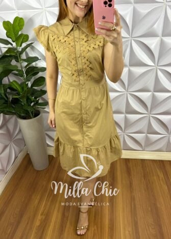 Vestido Chemise No Tricoline Com Bordados De Guipper Muriele - Capuchino - Milla Chic