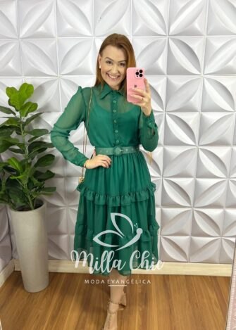 Vestido Chiffon Com Forro Avulso Mídi Paola - Verde - Milla Chic