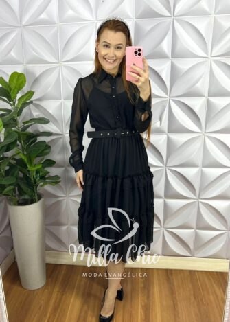 Vestido Chiffon Com Forro Avulso Mídi Paola - Preto - Milla Chic