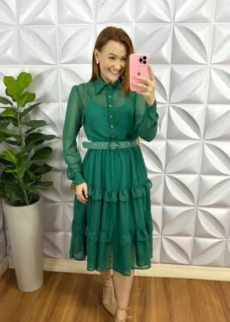 Vestido Chiffon Com Forro Avulso Mídi Paola - Verde - Milla Chic