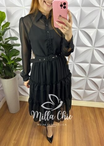 Vestido Chiffon Com Forro Avulso Mídi Paola - Preto - Milla Chic
