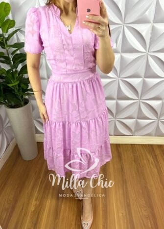Vestido Chiffon Devore Mídi Estampado Leticia - Lavanda - Milla Chic